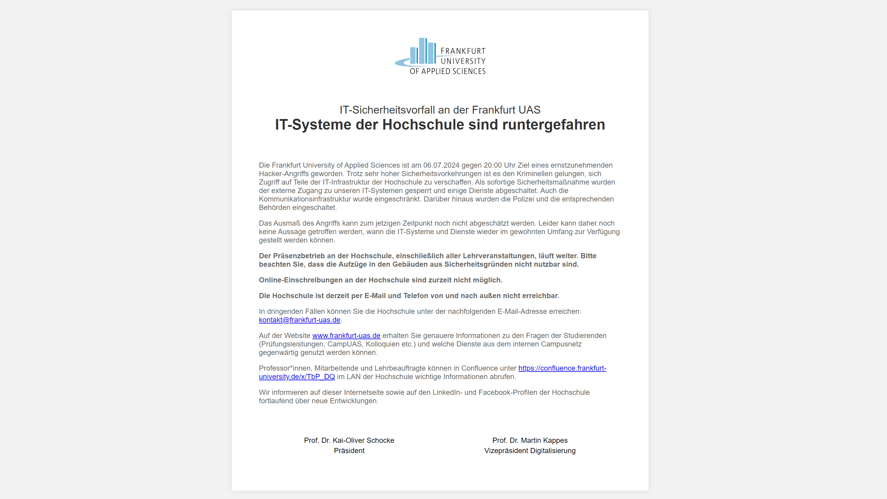Frankfurt UAS nach Sicherheitsvorfall ohne E-Mail