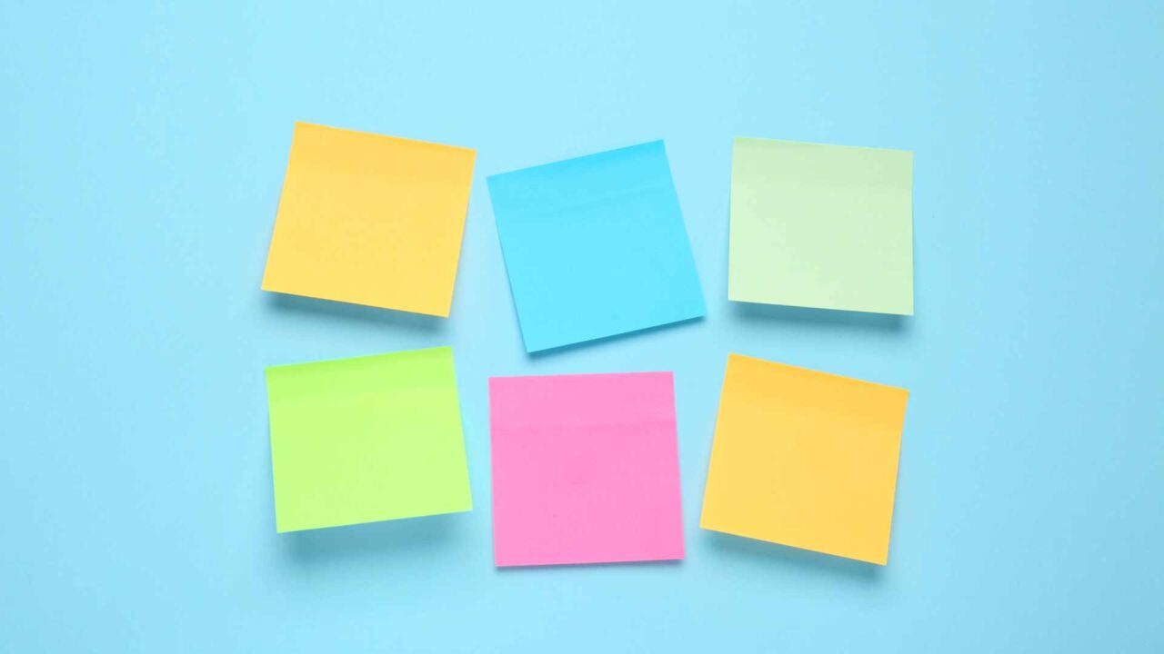 Blank colorful sticky notes on turquoise background, flat lay. S