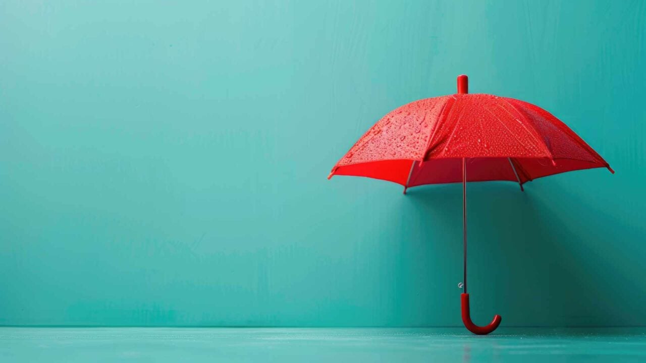 Concept of Ensuring Safety of Money with Red Umbrella and Copy Space