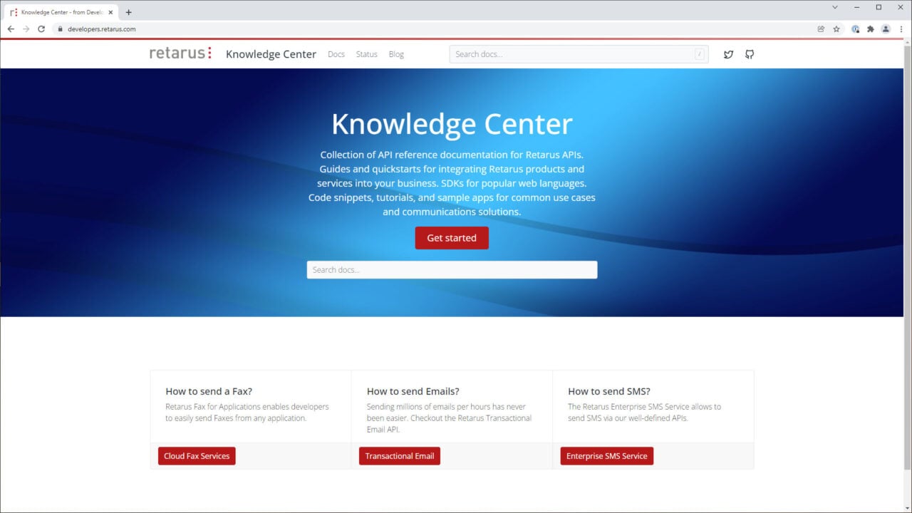 Retarus Knowledge Center, Screenshot Startseite