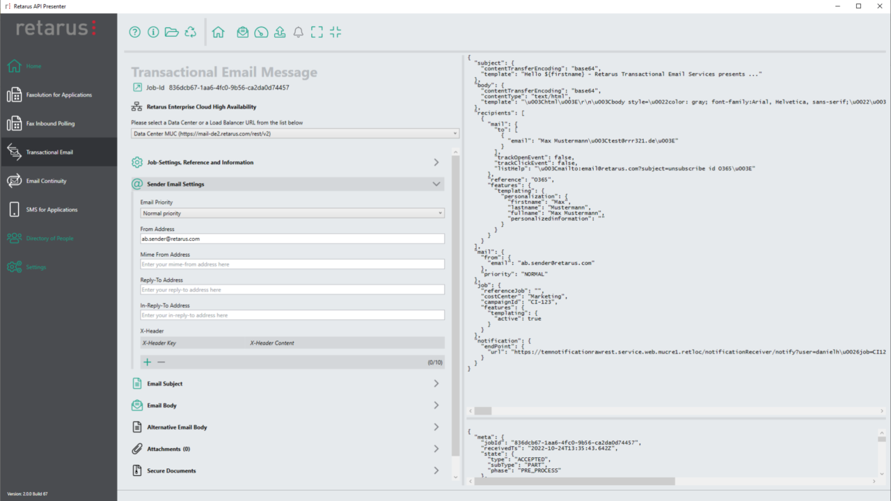 Retarus API Presenter, Screenshot