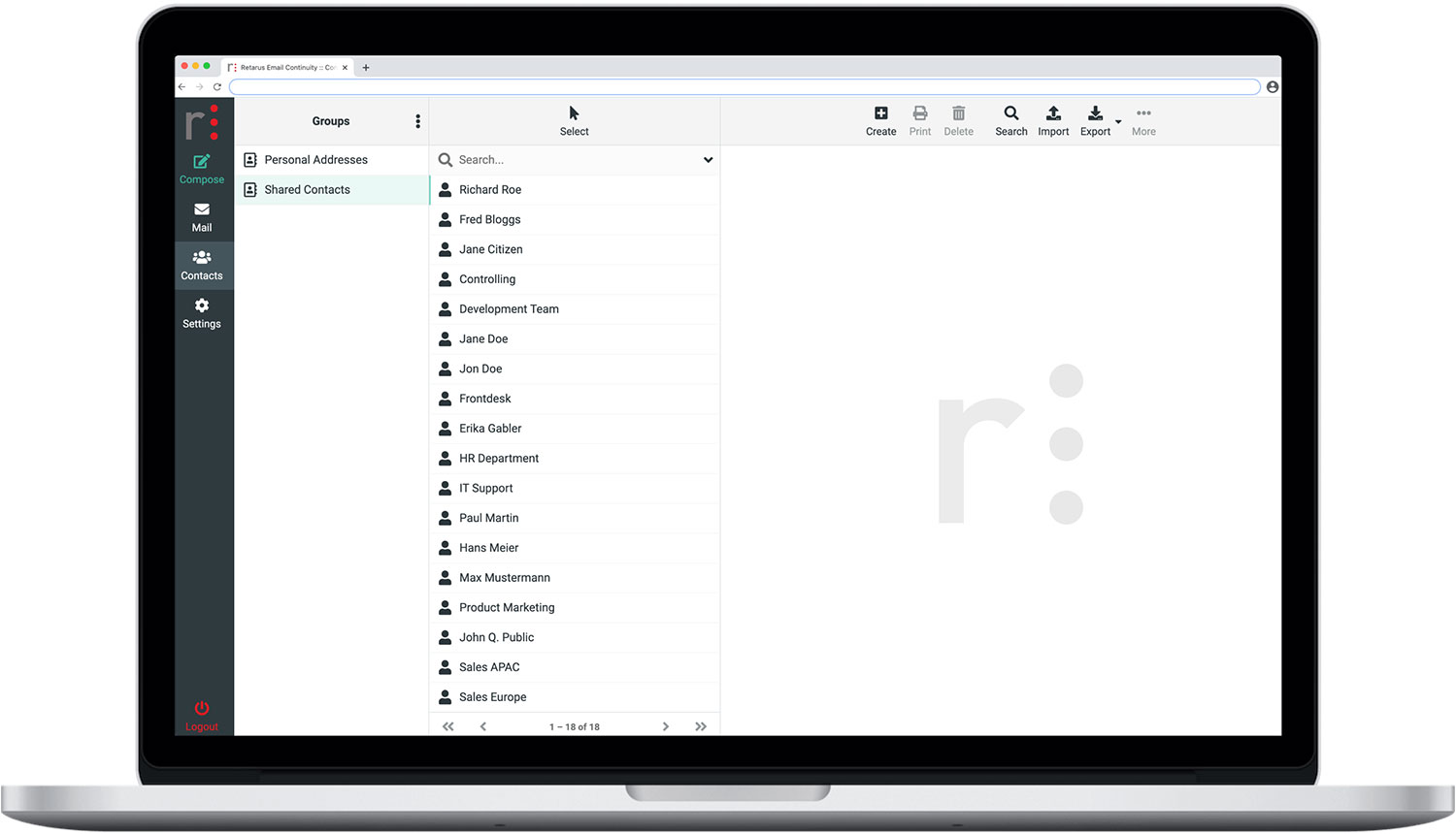 Contacts - Retarus Email Continuity Desktop UI