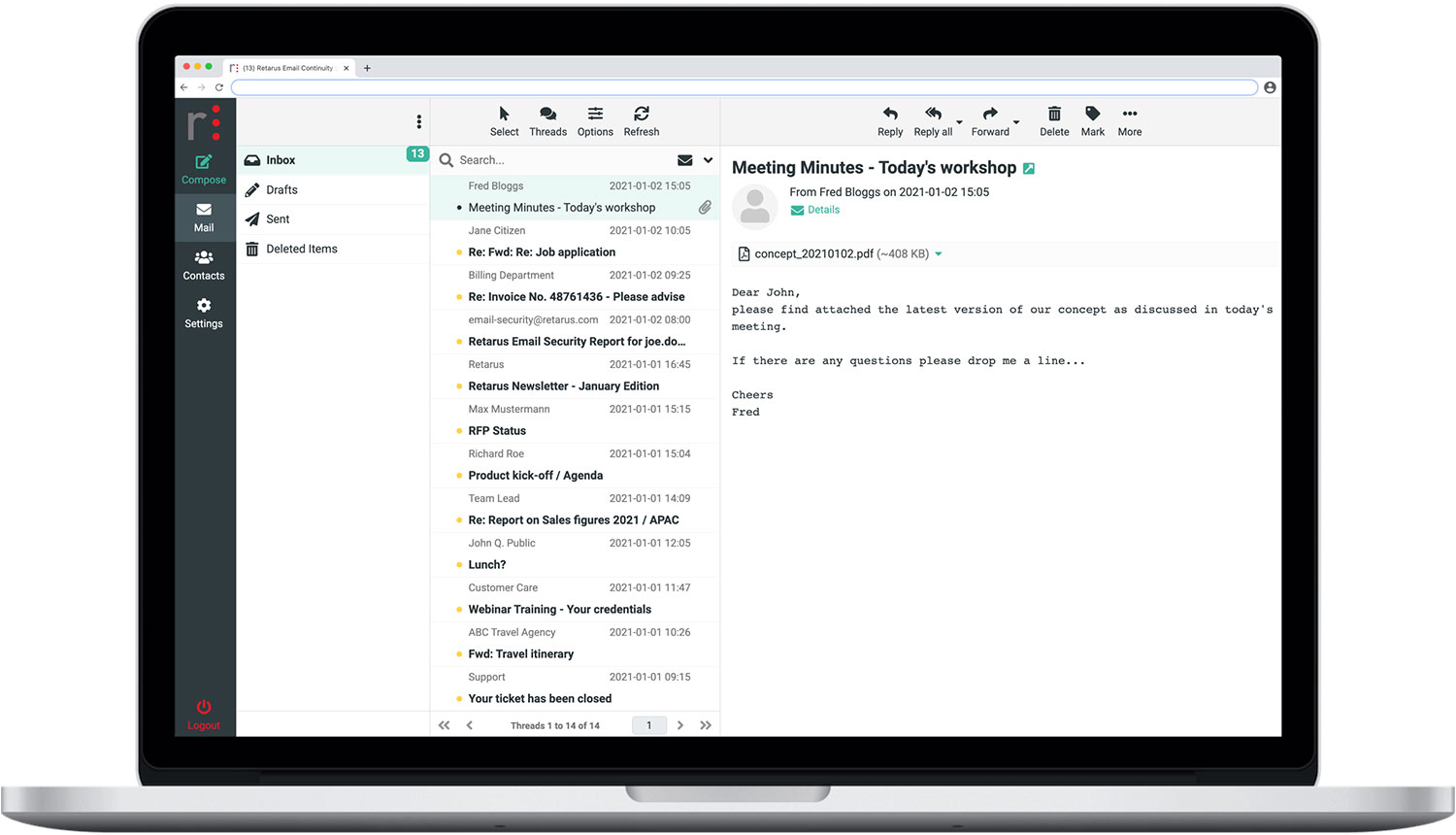 Inbox - Retarus Email Continuity Desktop UI
